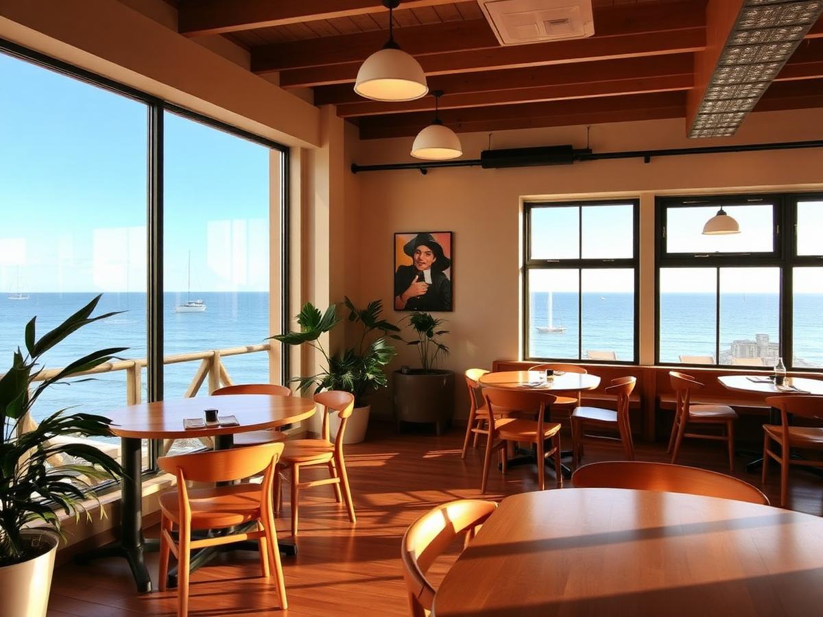 Café interior with sea view